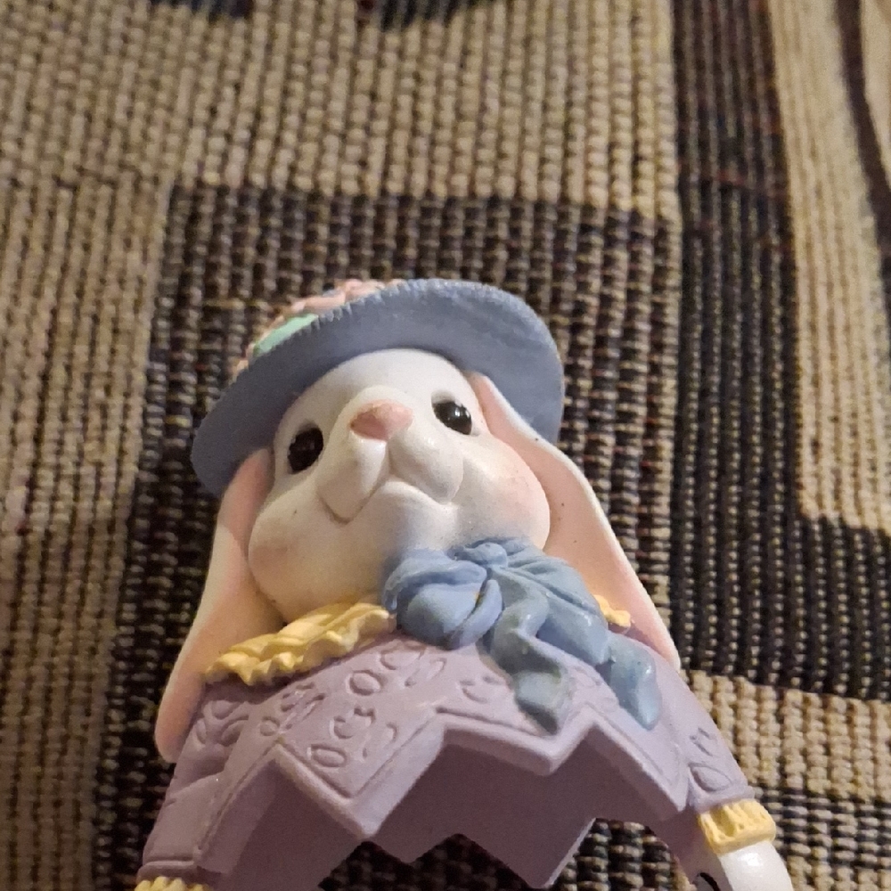 Pastel Bunny Figurine in Lavender Dress Blue Hat - Holiday Table Decor Easter